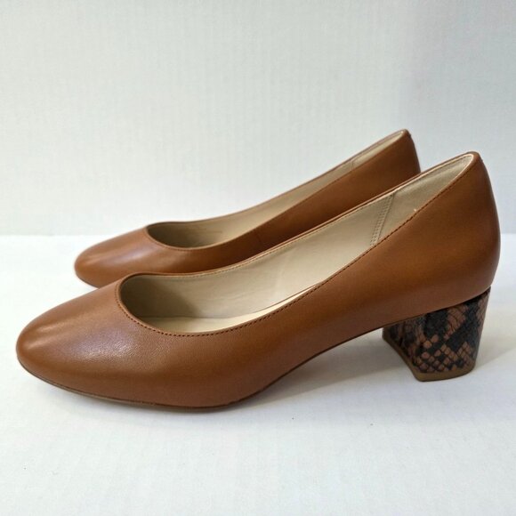 Cole Haan Lesli Block Pumps Womens 7 Brown Leather Contrasting Snakeskin Heels - Picture 2 of 12
